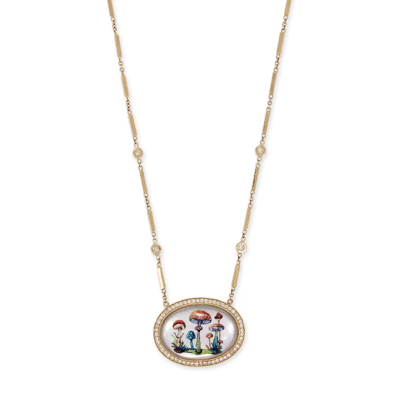 Women's vintage-inspired necklaces-LARGE HAND PAINTED MUSHROOM GARDEN ON MOTHER OF PEARL SMOOTH BAR NECKLACE