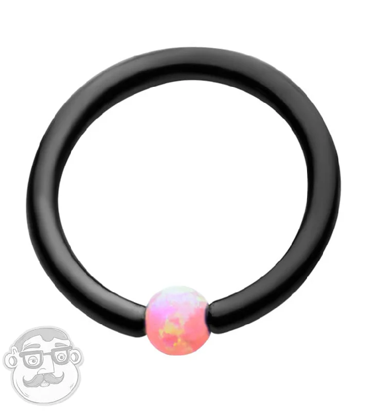 Women's everyday rings-Black PVD Captive Ring With Pink Opalite Bead