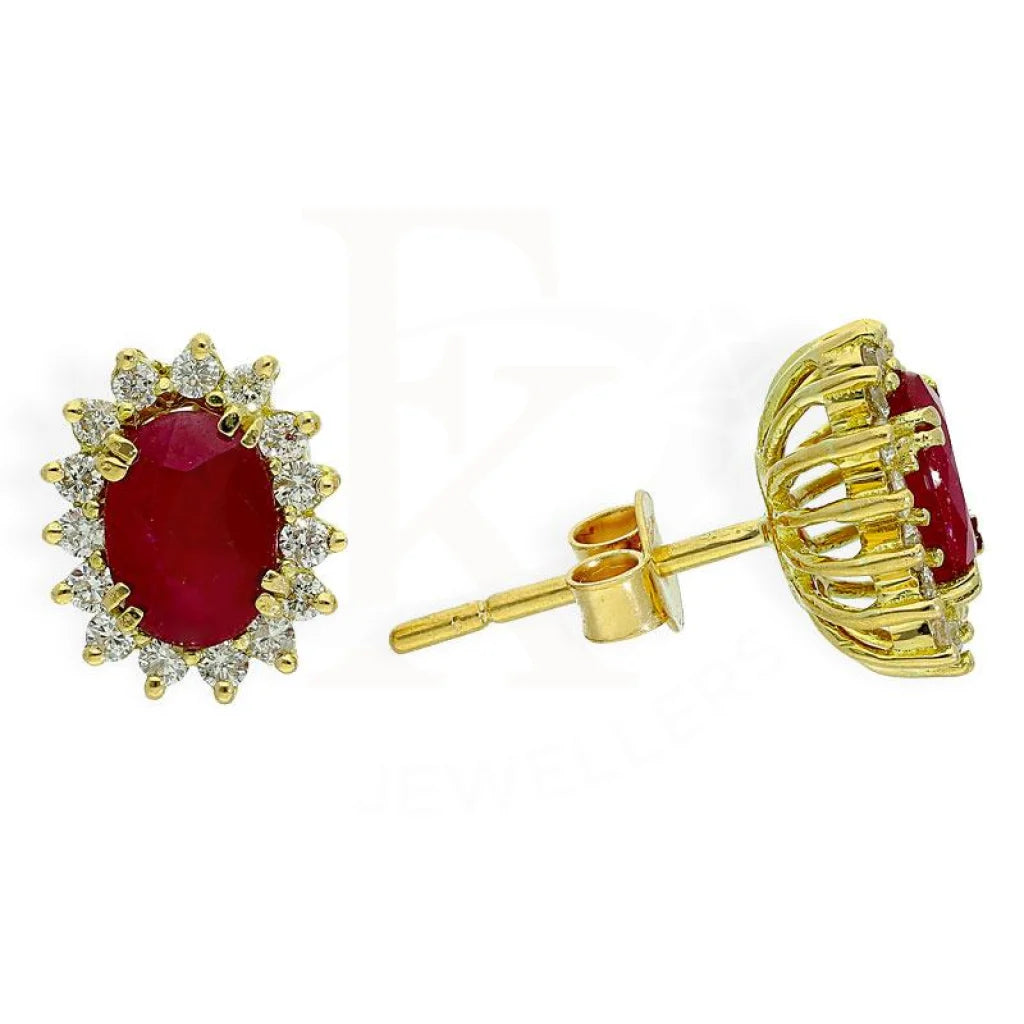 Women's K gold earrings-Diamond and Ruby Solitaire in Oval Shape Earrings in 18KT Gold - FKJERN18K1865