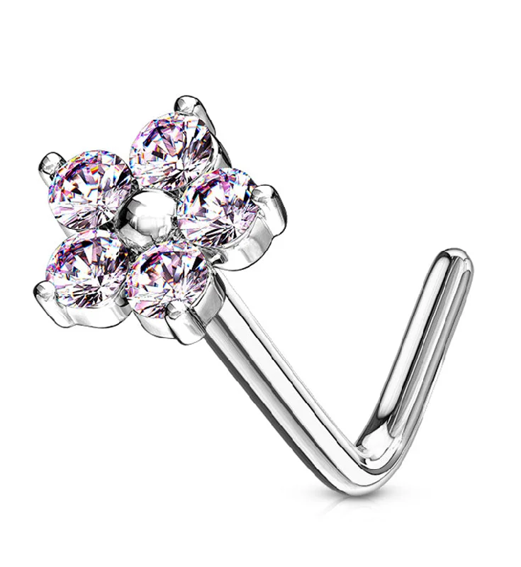 Women's formal rings-20G 14kt White Gold Pink CZ Floral L Bend Nose Ring