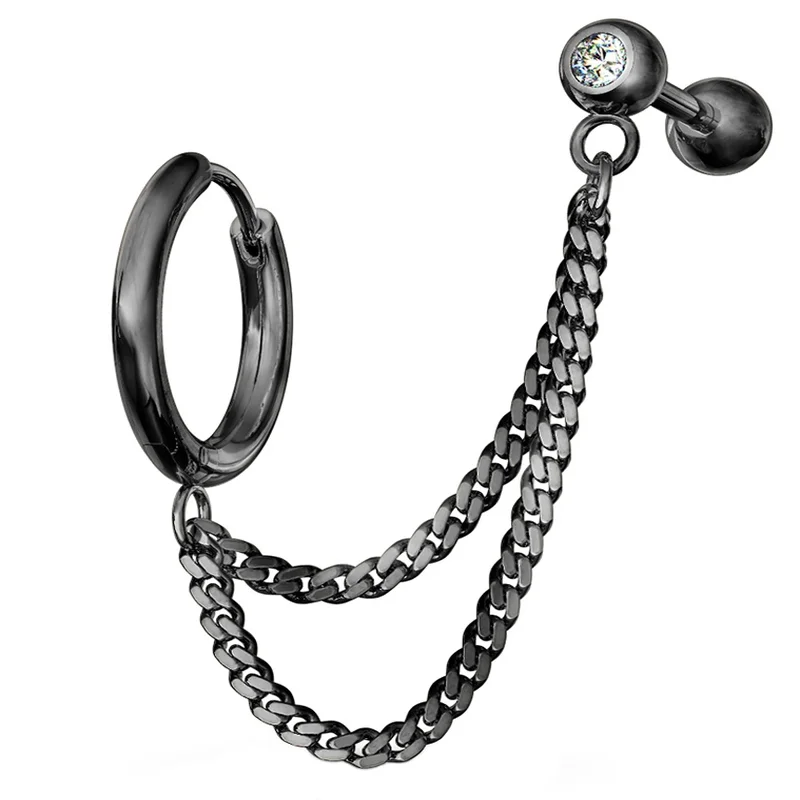 Women's luxury party rings-Black PVD Double Linked Hinged Hoop Ring & CZ Cartilage Barbell