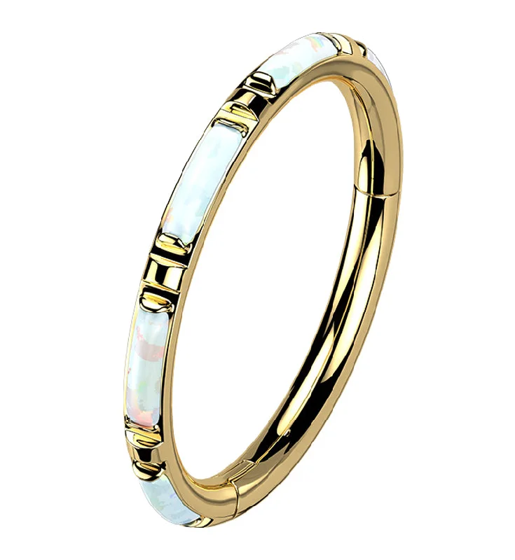 Women's rose gold rings-Gold PVD Oblong White Opalite Edge Hinged Segment Ring