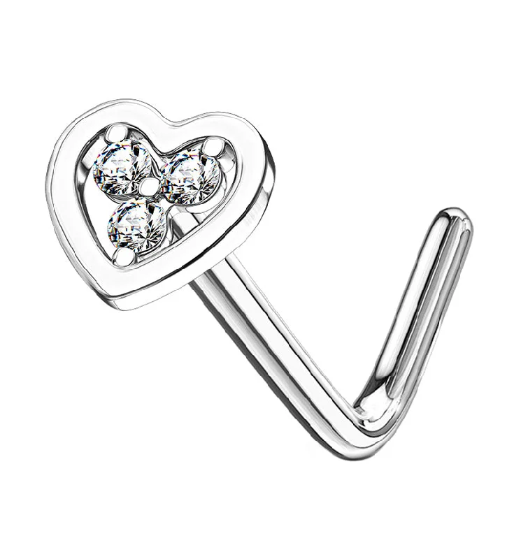 Women's pet memorial rings-14kt White Gold Heart Clear CZ L Bend Nose Ring