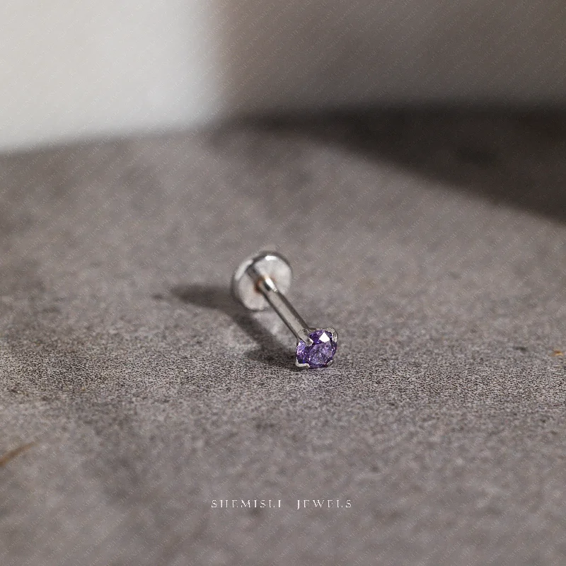 Women's Mother's Day earrings-Tiny Amethyst Threadless Flat Back Tragus Stud, February Birthstone, 20,18,16ga, 5-10mm, Unisex, Surgical Steel SS603