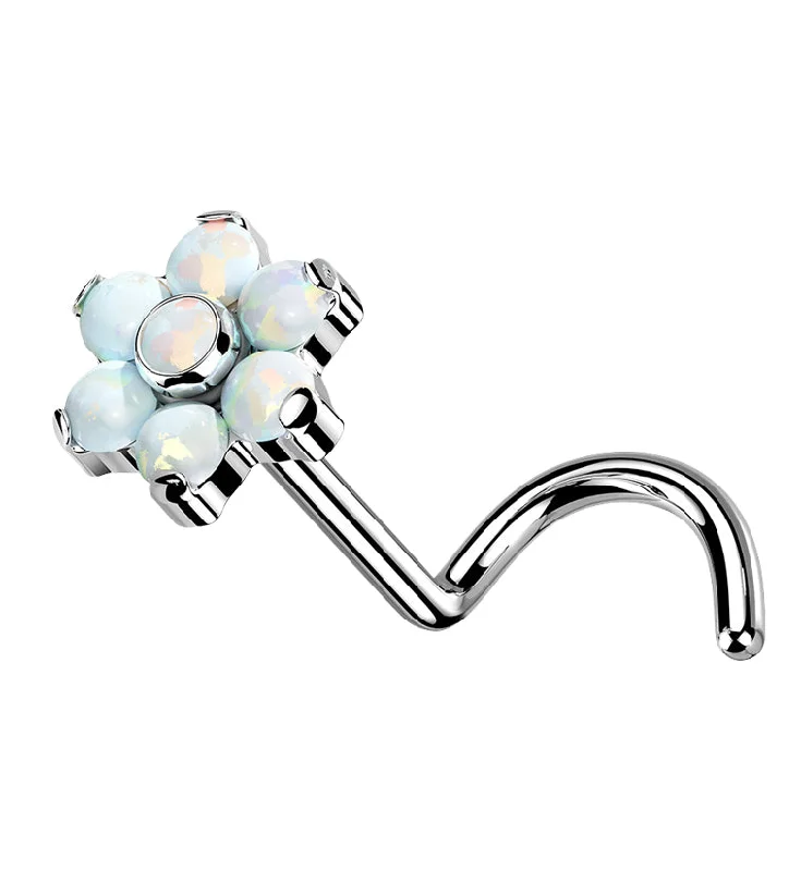 Women's pearl rings-Flower White Opalite Titanium Threadless Nose Screw Ring