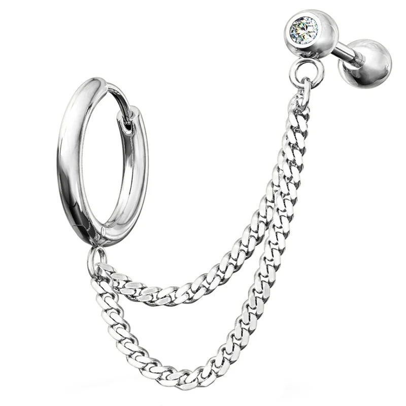 Women's silver-plated rings-Double Linked Hinged Hoop Ring & CZ Cartilage Barbell