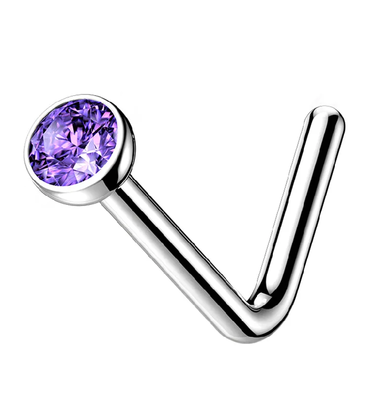 Women's zodiac rings-Purple CZ Top L Bend Titanium Nose Ring