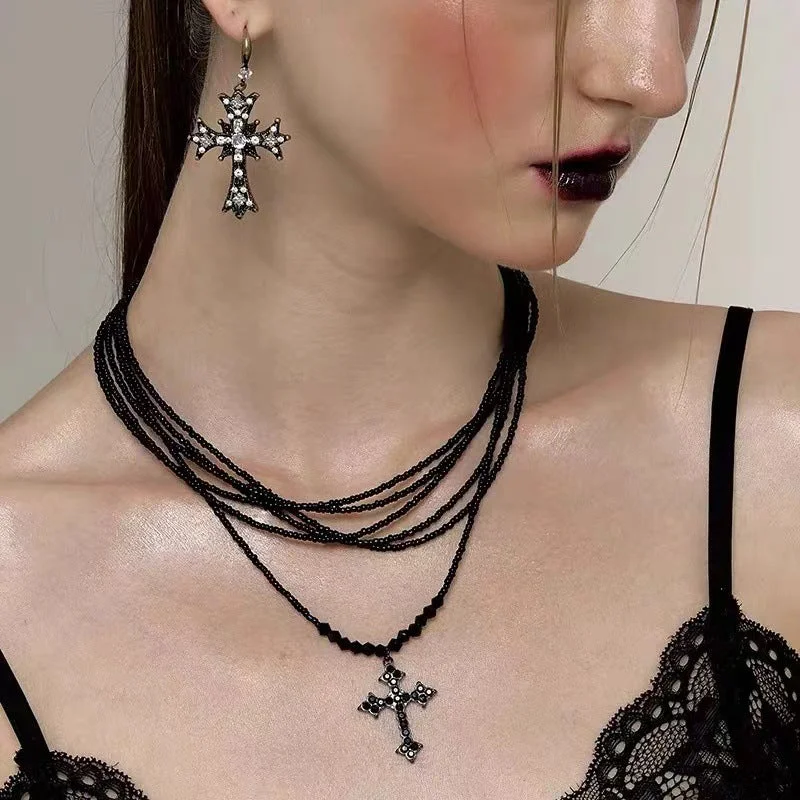 Women's sun necklaces-Retro Layered Cross Punk Sweet Beaded Cool Necklace