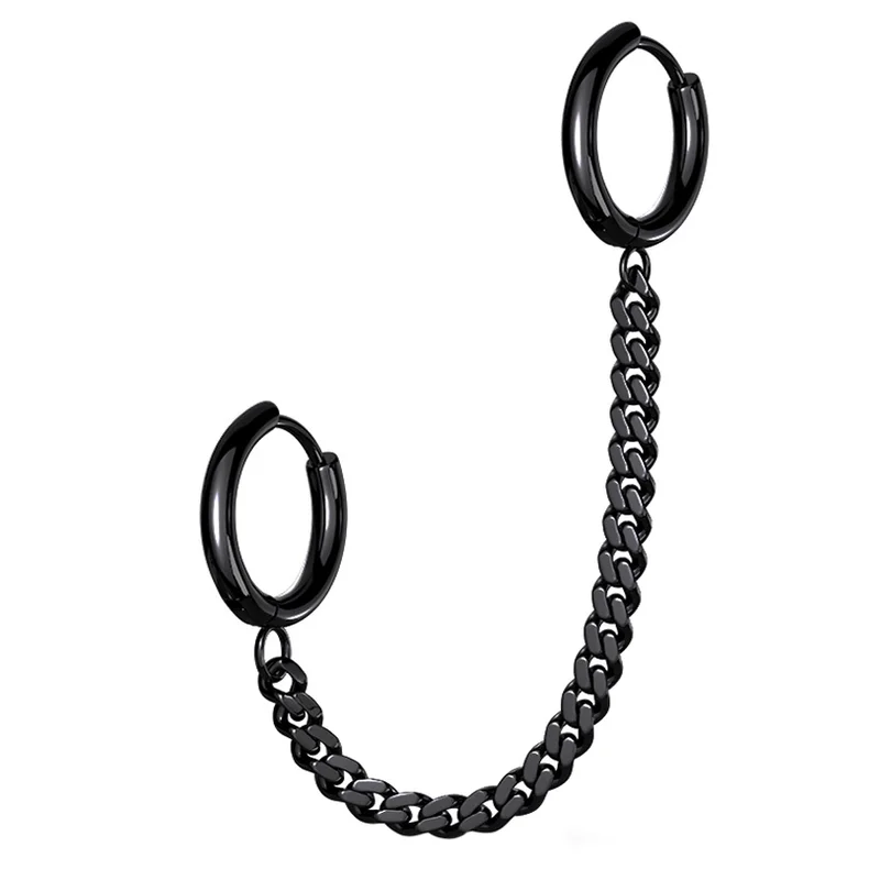 Women's star rings-Black PVD Chained Double Hinged Hoop Cartilage Ring