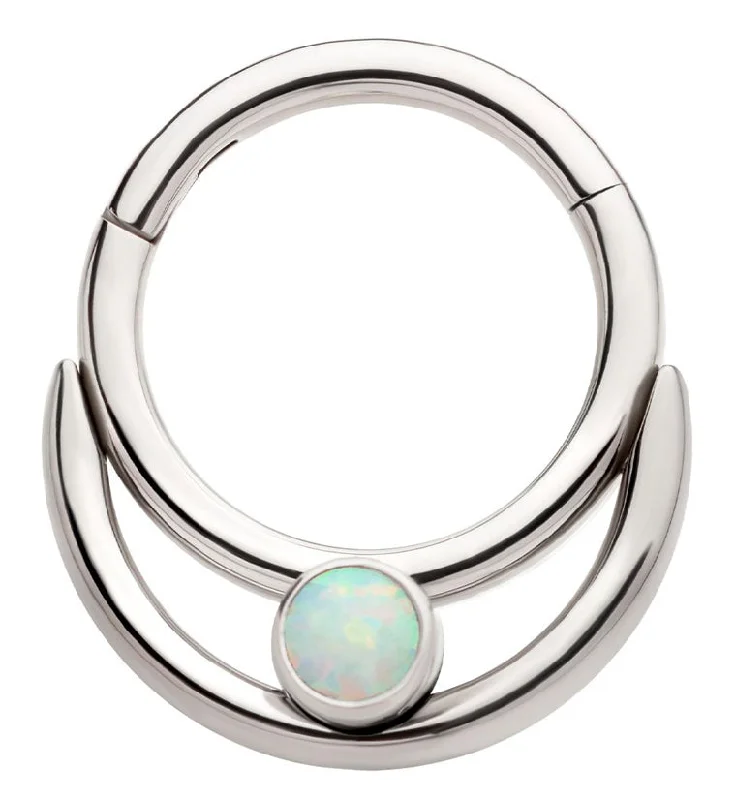 Women's wedding rings-Double Hoop Bezel White Opalite Stainless Steel Hinged Segment Ring