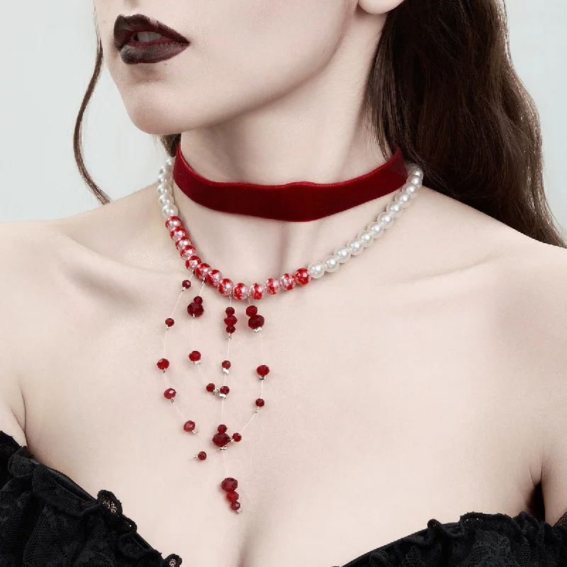 Women's initial necklaces-Velvet Blood Drip Tassel Crystal Choker Necklace