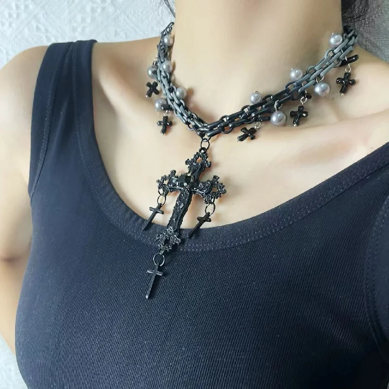 Women's gemstone necklaces-Sweet Gothic Punk Cross Pearl Hip-Hop Necklace