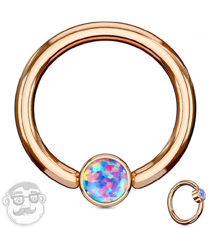 Women's titanium rings-Rose Gold PVD Purple Opalite Flat Disk Captive Ring