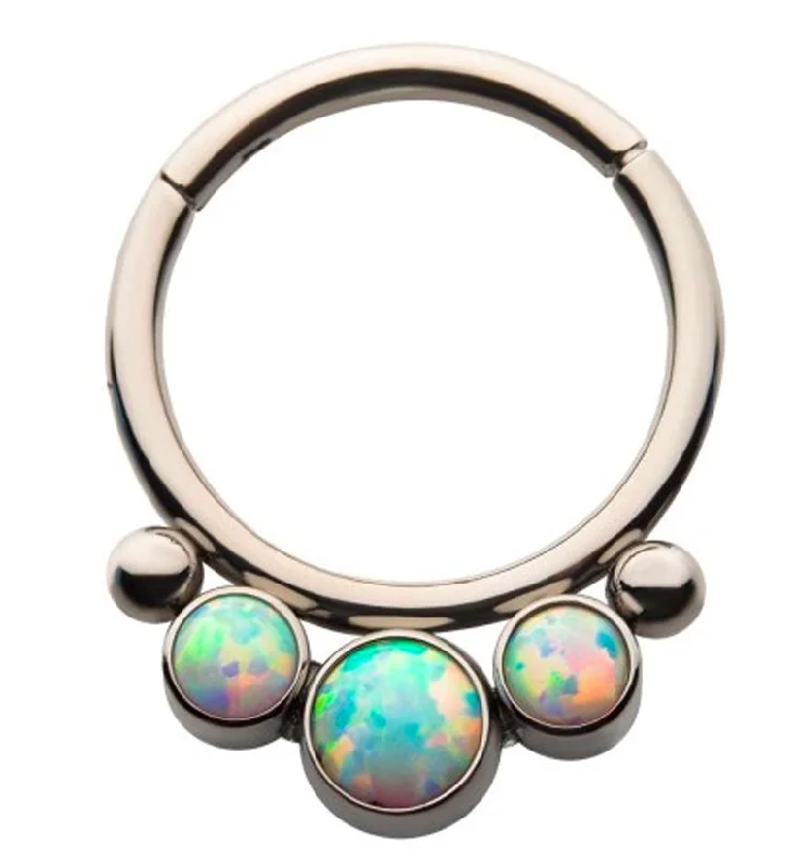 Trendy women's rings-Titanium Hinged Triple Opalite Double Bead Segment Ring