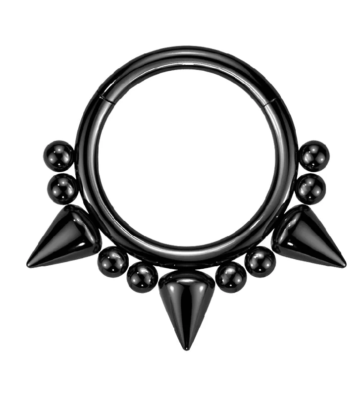 Women's astrology rings-Black PVD Beaded Mini Spike Stainless Steel Hinged Segment Ring