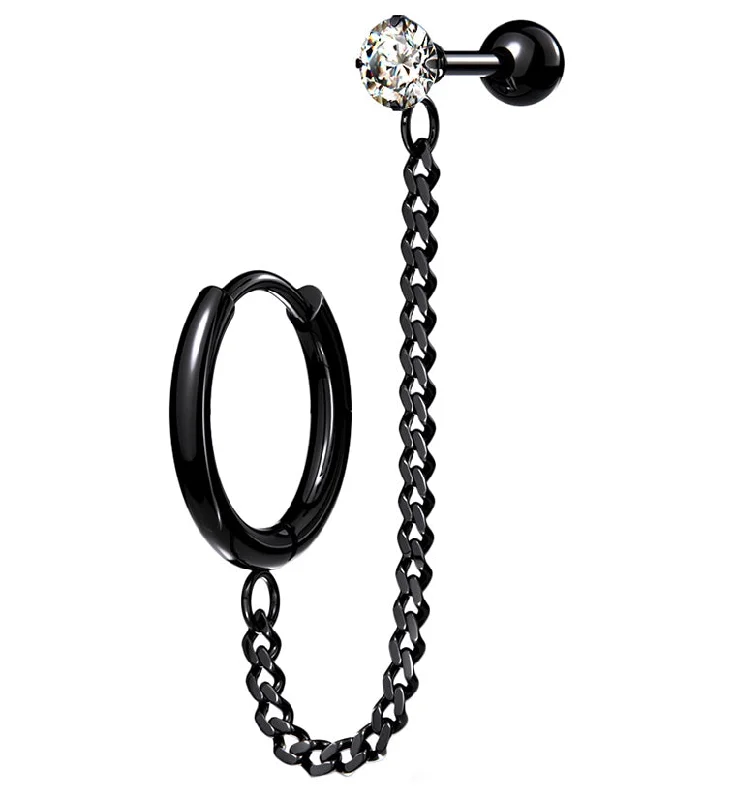 Women's cocktail rings-Black PVD Linked Hinged Hoop Ring & CZ Cartilage Barbell