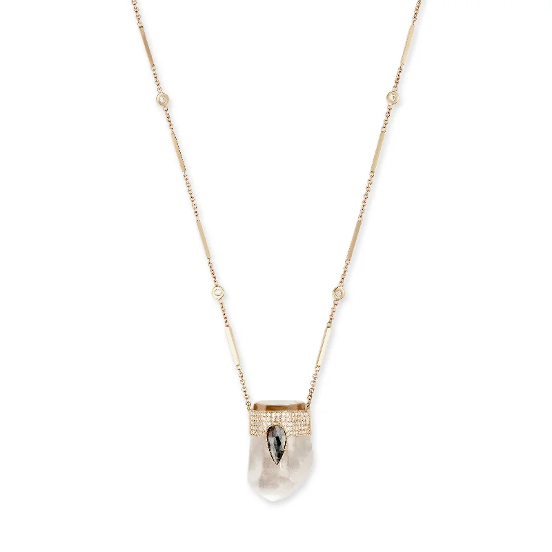 Women's Buddha necklaces-PAVE TEARDROP RAW DIAMOND CAP + FACETED CLEAR QUARTZ CRYSTAL NECKLACE