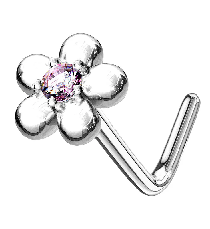 Women's fashion rings-14kt White Gold Daisy Pink CZ L Bend Nose Ring