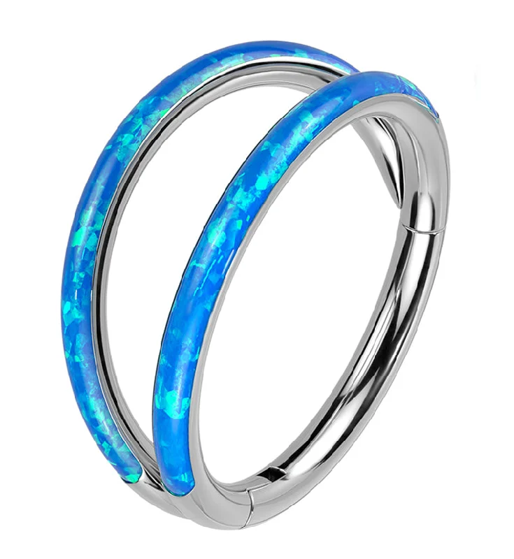 Women's gold rings-Double Bar Blue Opalite Titanium Hinged Segment Ring