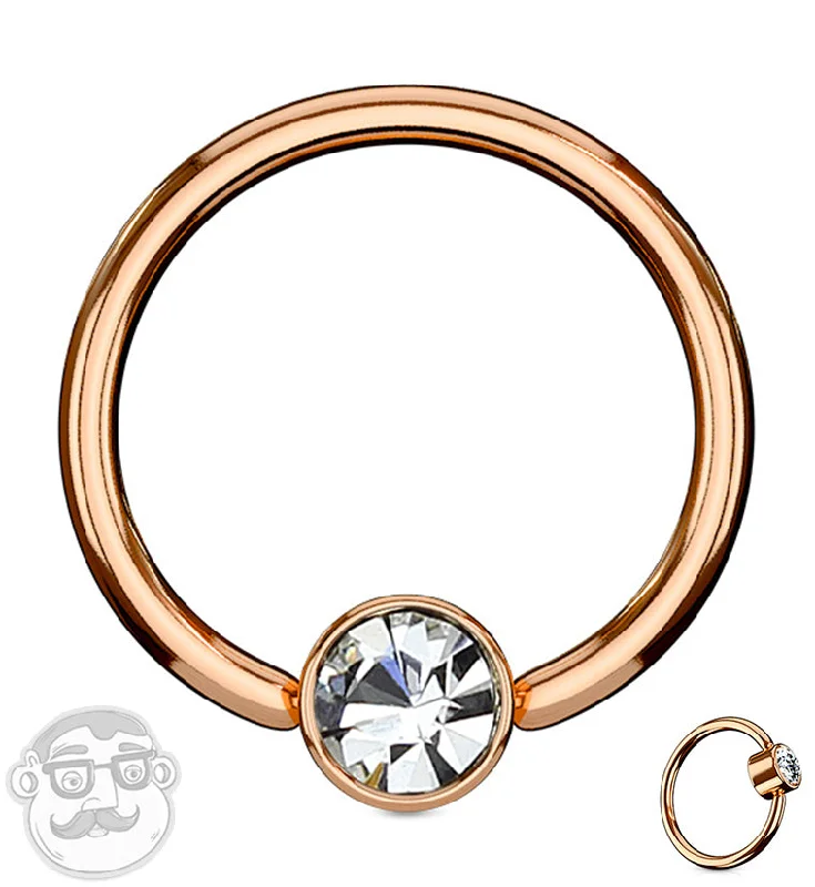 Women's platinum rings-Rose Gold PVD CZ Flat Disk Captive Ring