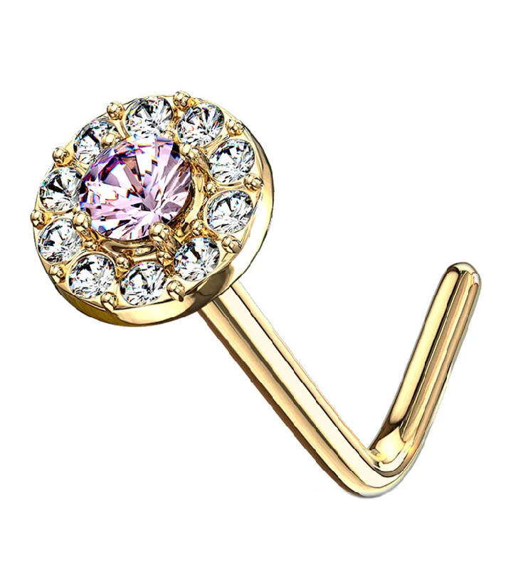 Women's charm rings-14kt Gold Disk w Pink CZ L Bend Nose Ring