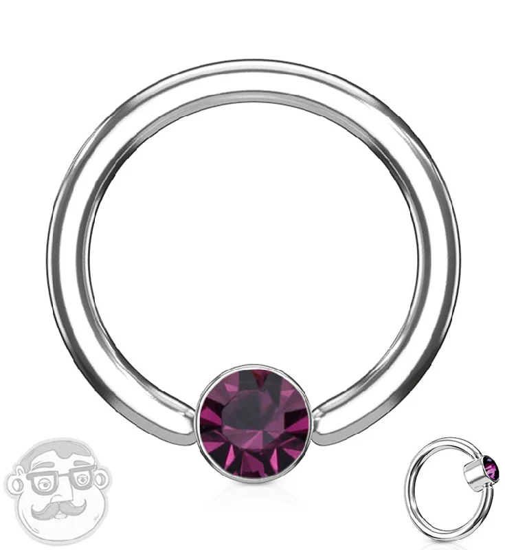 Women's alloy rings-Purple CZ Flat Disk Captive Ring