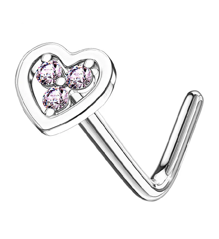 Women's DNA rings-14kt White Gold Heart Pink CZ L Bend Nose Ring