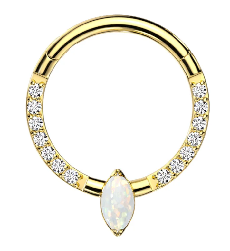 Women's moon phase rings-Gold PVD Bauble White Opalite Clear CZ Titanium Hinged Segment Ring