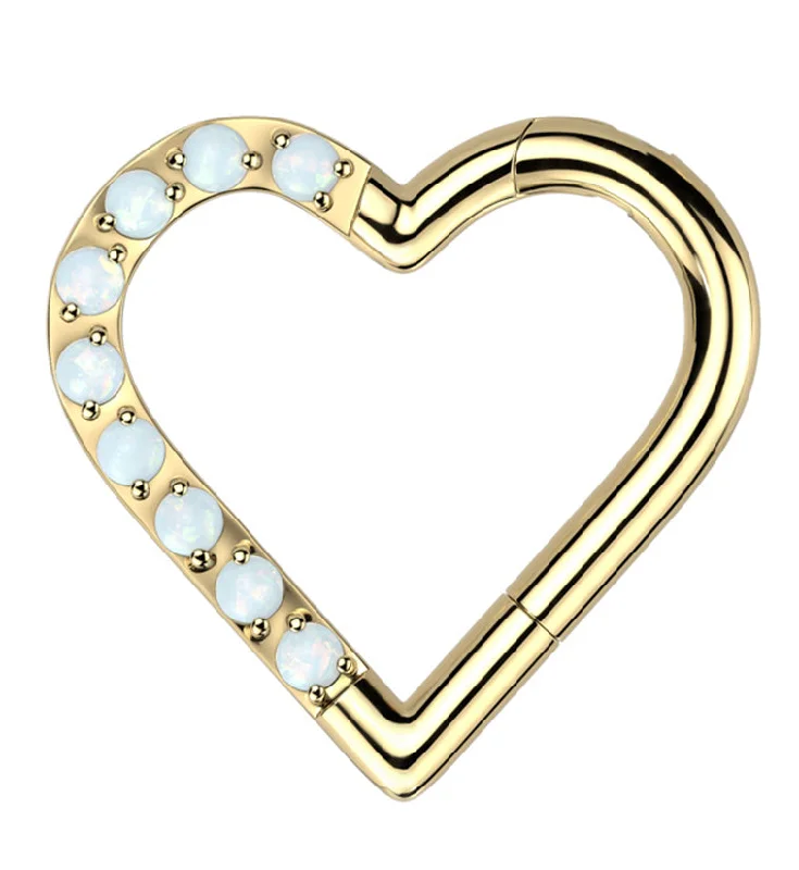 Women's rose gold rings-Gold PVD Heart Half Lined White Opalite Titanium Hinged Segment Ring