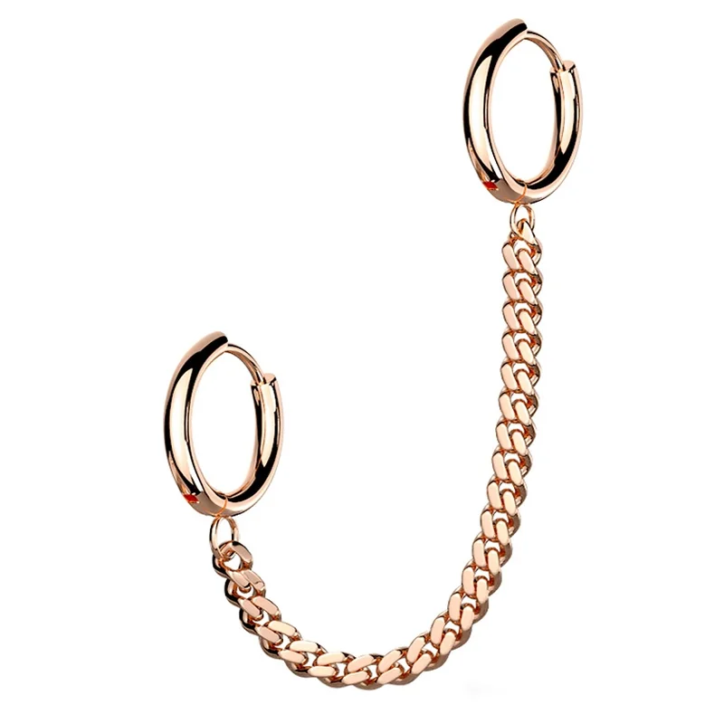 Women's religious rings-Rose Gold PVD Chained Double Hinged Hoop Cartilage Ring