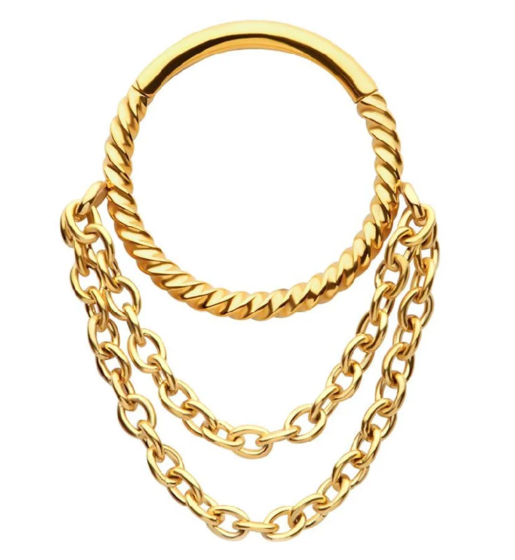 Women's platinum rings-Gold PVD Twine Double Dangle Chain Stainless Steel Hinged Segment Ring