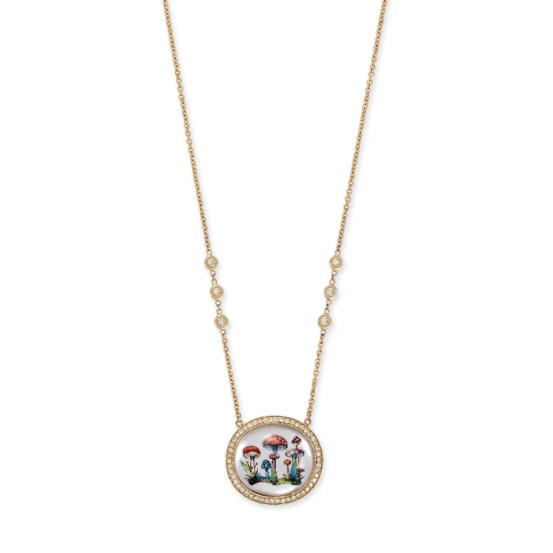 Women's art deco necklaces-HAND PAINTED MUSHROOM GARDEN ON MOTHER OF PEARL NECKLACE