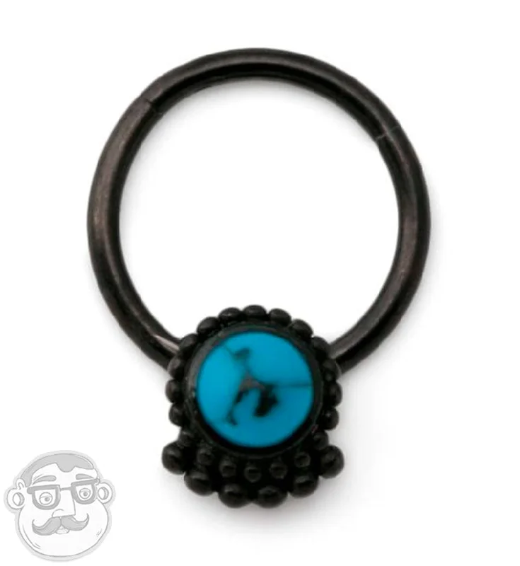 Women's luxury brand rings-16G Black PVD Beaded Turquoise Hinged Segment Ring