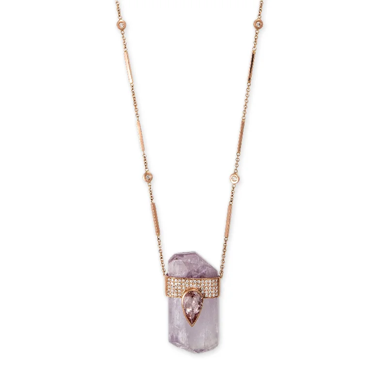 Women's minimalist necklaces-PAVE MORGANITE TEARDROP CAP + KUNZITE CRYSTAL NECKLACE