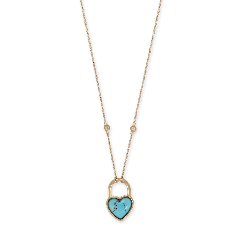 Women's elegant necklaces-TURQUOISE HEART LOCK NECKLACE