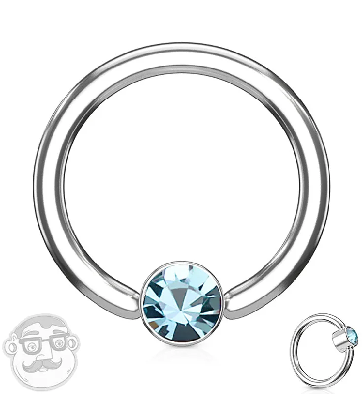 Women's alloy rings-Aqua CZ Flat Disk Captive Ring