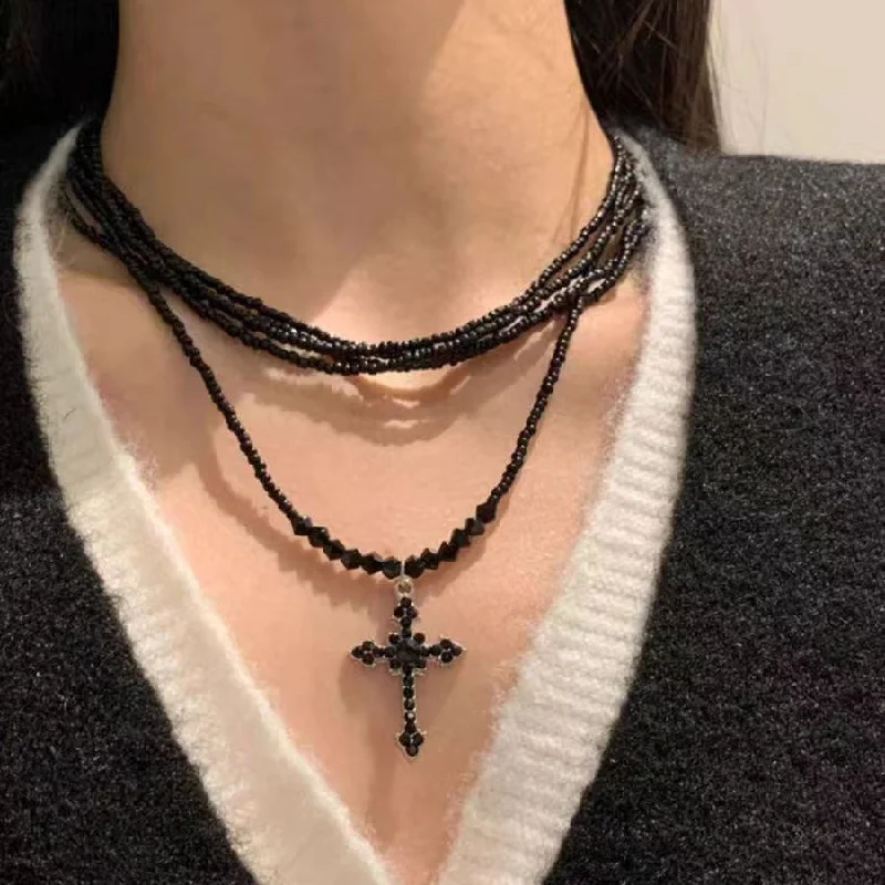 Custom women's necklaces-Dark Princess Cross Layered Beaded Personality Necklace