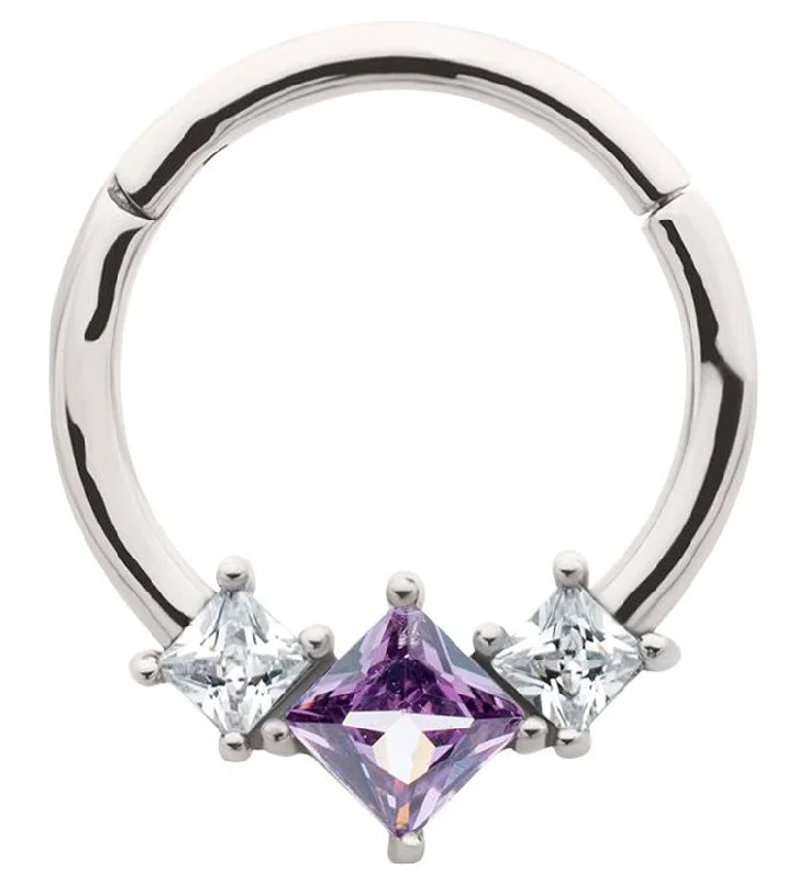 Women's stainless steel rings-Triple Square Amethyst And Clear CZ Stainless Steel Hinged Segment Ring