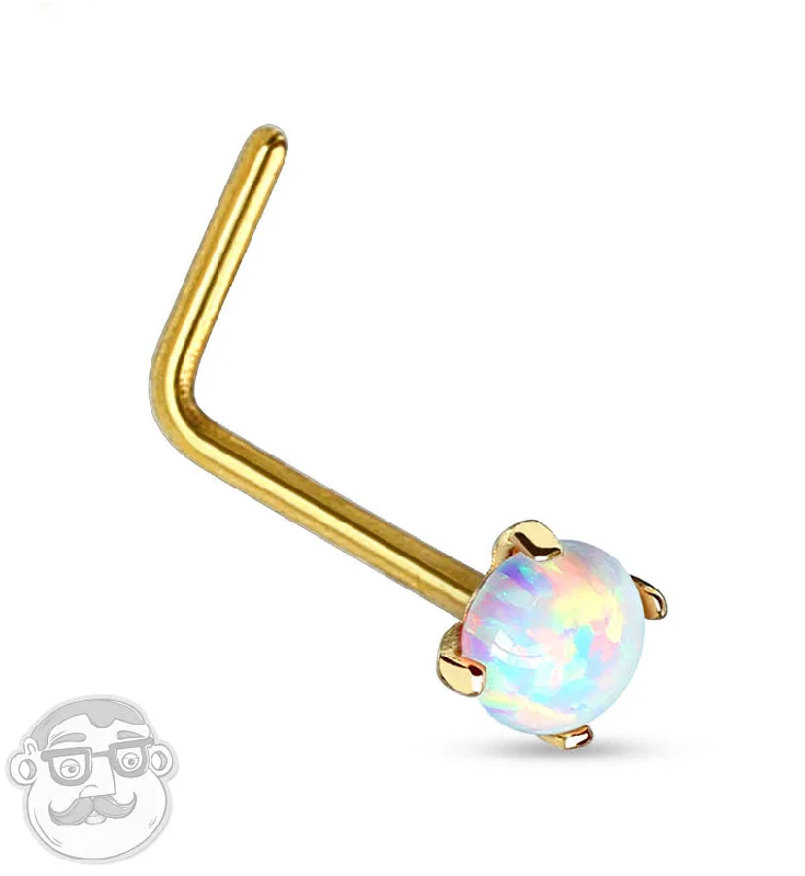 Women's pearl rings-20G 14kt Gold L Bend Opalite Top Nose Ring