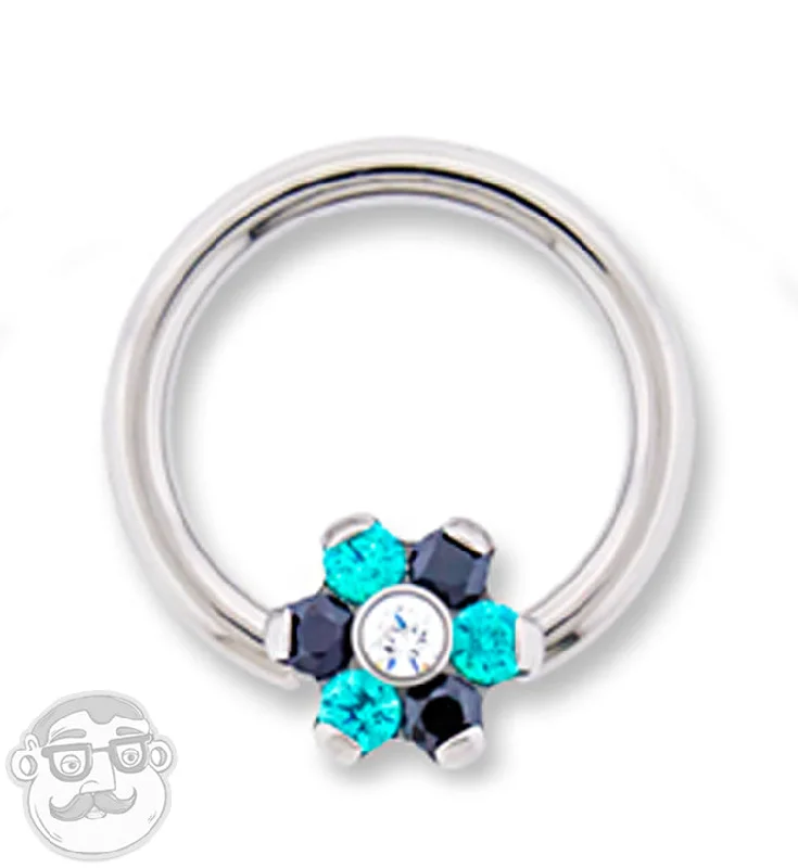 Designer women's rings-16G Black & Aqua Swarovski Flower Titanium Flat Disk Captive Ring