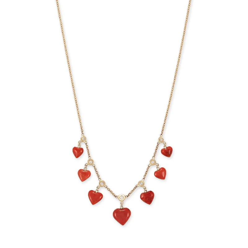 Women's sun necklaces-CORAL HEARTS + DIAMOND SHAKER NECKLACE