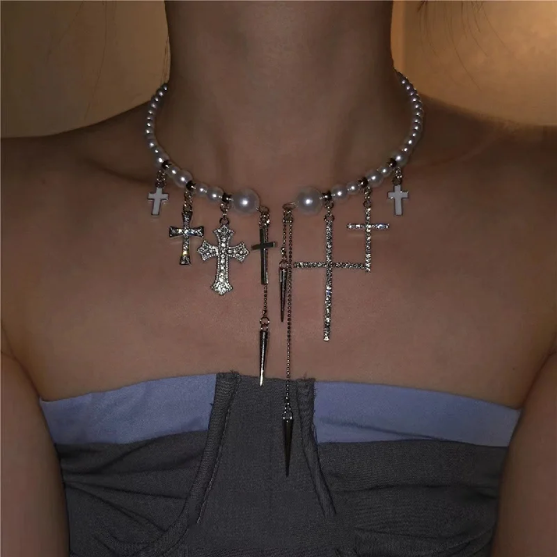 Women's silver necklaces-Trendy Cross Rivet Pearl Beaded Luxury Necklace