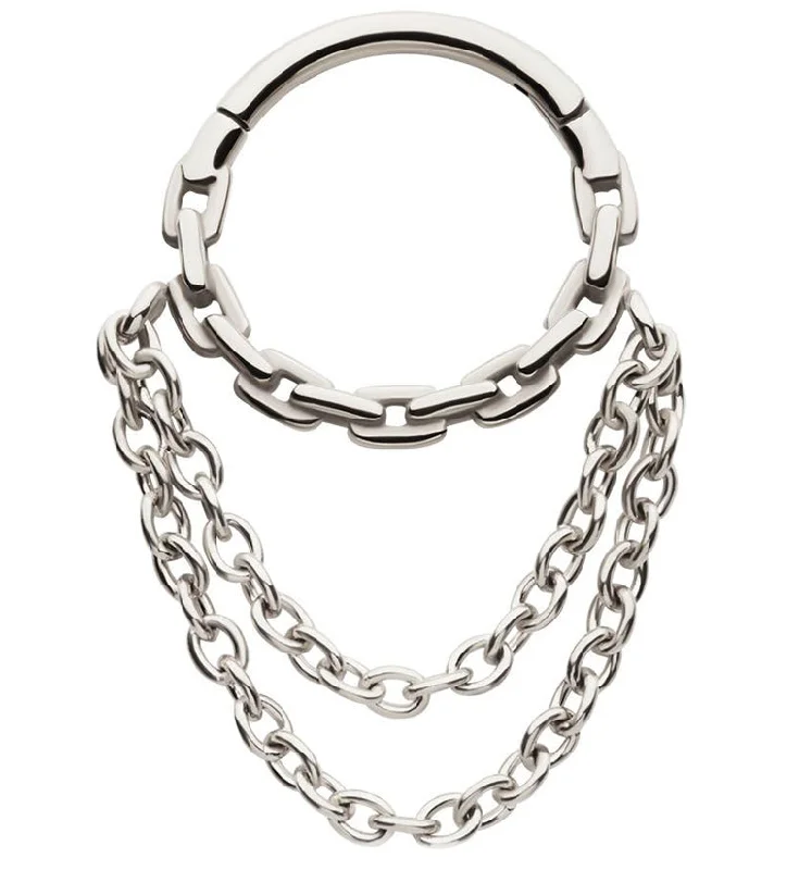 Women's platinum rings-Chain Link Double Dangle Chain Stainless Steel Hinged Segment Ring