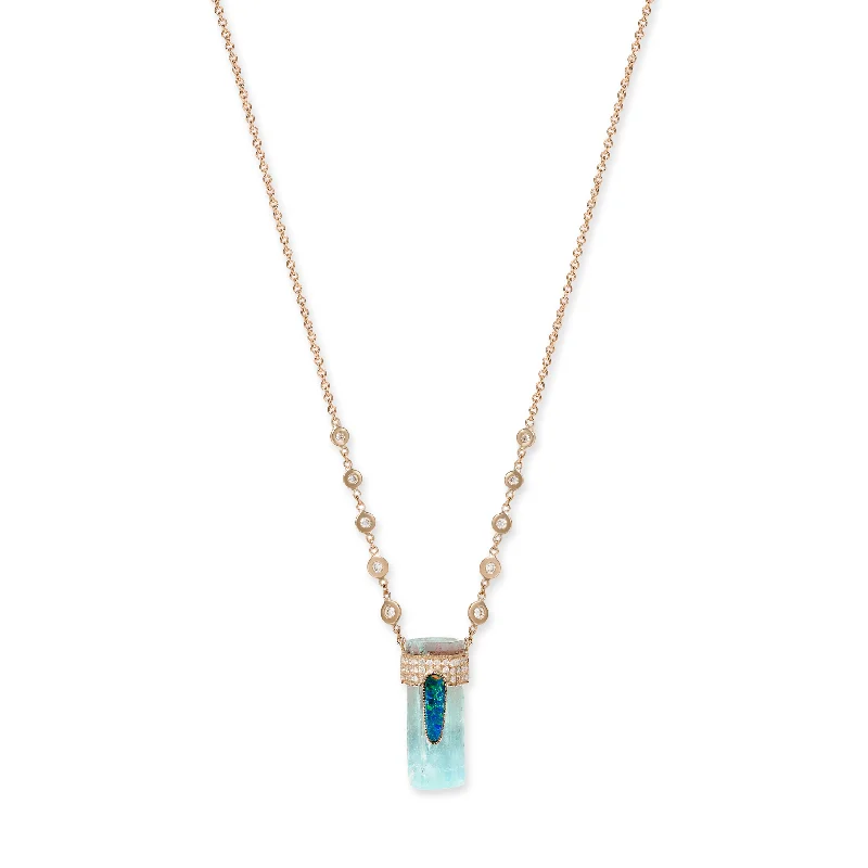 Women's graduation necklaces-PAVE OPAL CAP + AQUAMARINE CRYSTAL NECKLACE