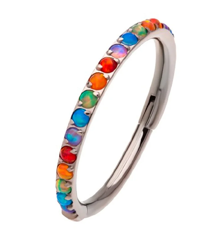 Women's alloy rings-Rainbow Opalite Titanium Hinged Segment Ring