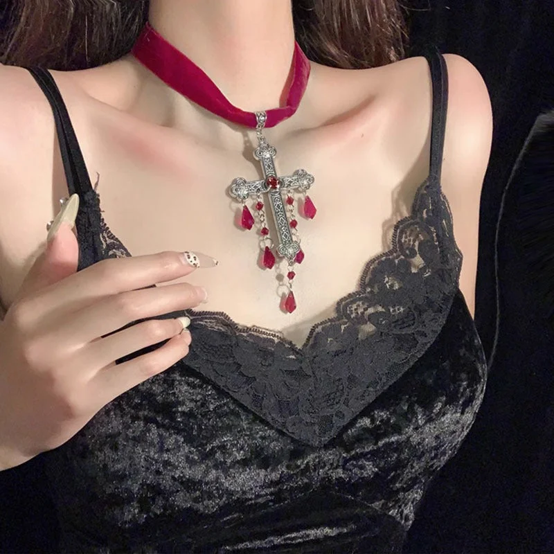 Women's limited edition necklaces-Exaggerated Gothic Blood Drop Cross Necklace