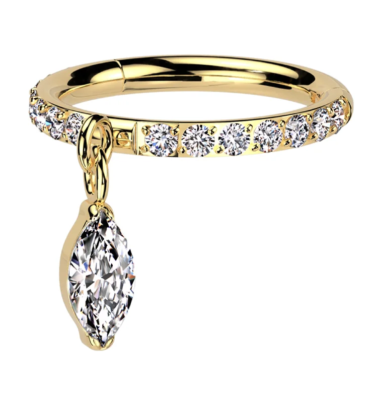 Women's family rings-Gold PVD Side Facing Marquise Dangle Clear CZ Row Titanium Hinged Segment Ring