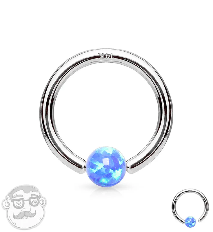 Trendy women's rings-Blue Opalite 14kt White Gold Annealed Fixed Captive Ring