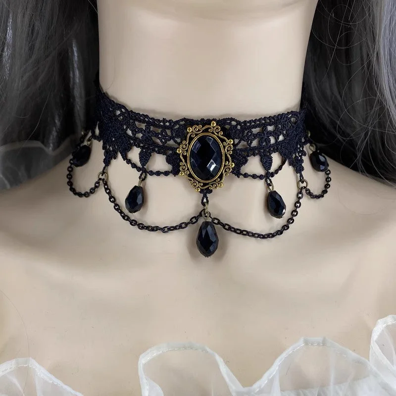 Women's rose gold necklaces-Gothic Retro Black Lace Tassel Collar Choker Necklace