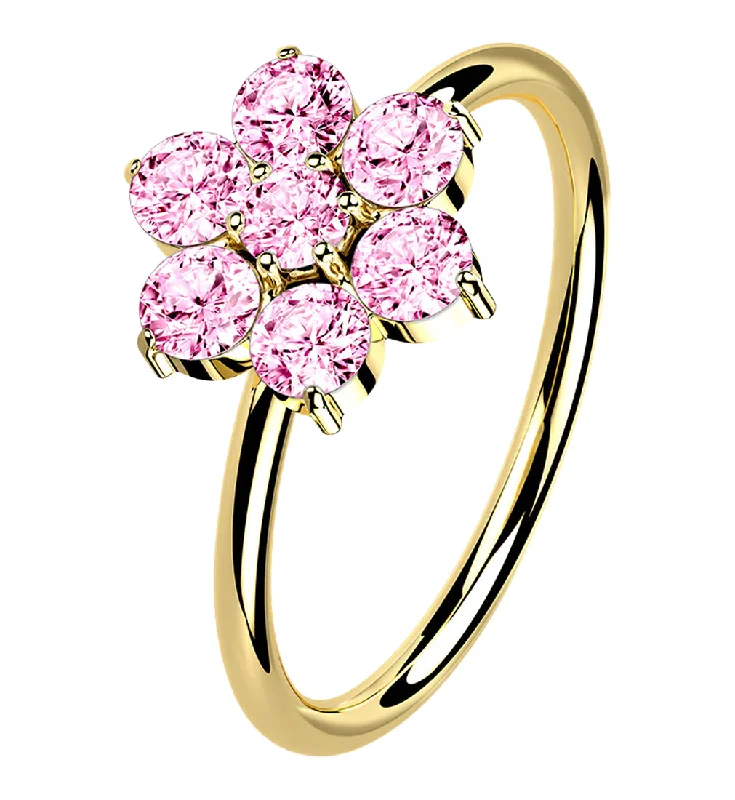 Women's celestial rings-14kt Gold Pink CZ Gem Flower Hoop Ring